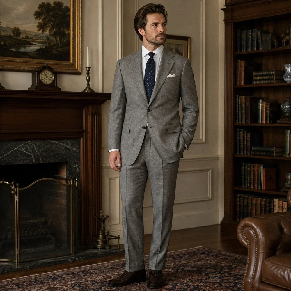 Oscar de la Renta 2 Piece Suit 100% Wool Glen Plaid Gray Classic Men's 42R 34x30